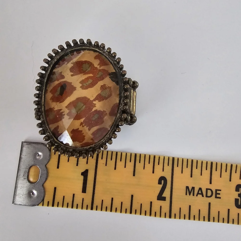 Chunky Retro Leopard Tortoiseshell Cabochon Ring Brass Tone Bold Animal Print